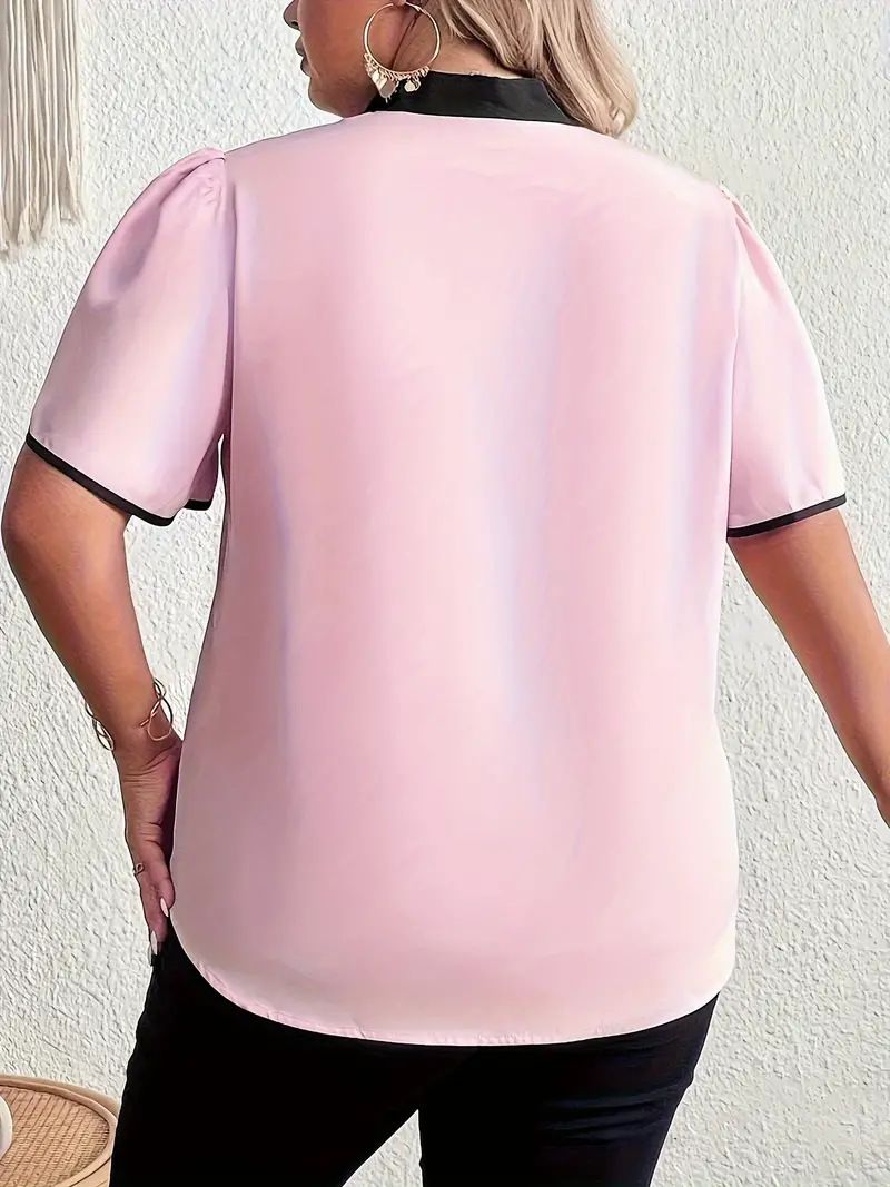 Camisa de talla grande con cuello a juego para mujer, camisa elegante con manga de pétalos, talla grande_voghion.com