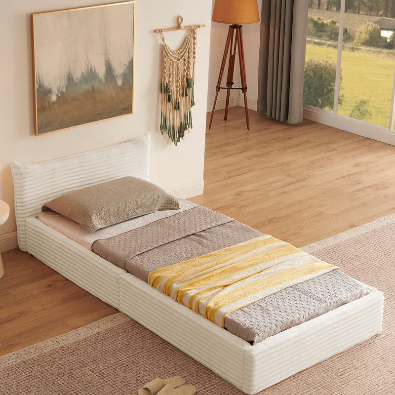 Einzelbett 90x200cm, Samt-Chenille-Bezug, Eukalyptusholz, Beige_voghion.com
