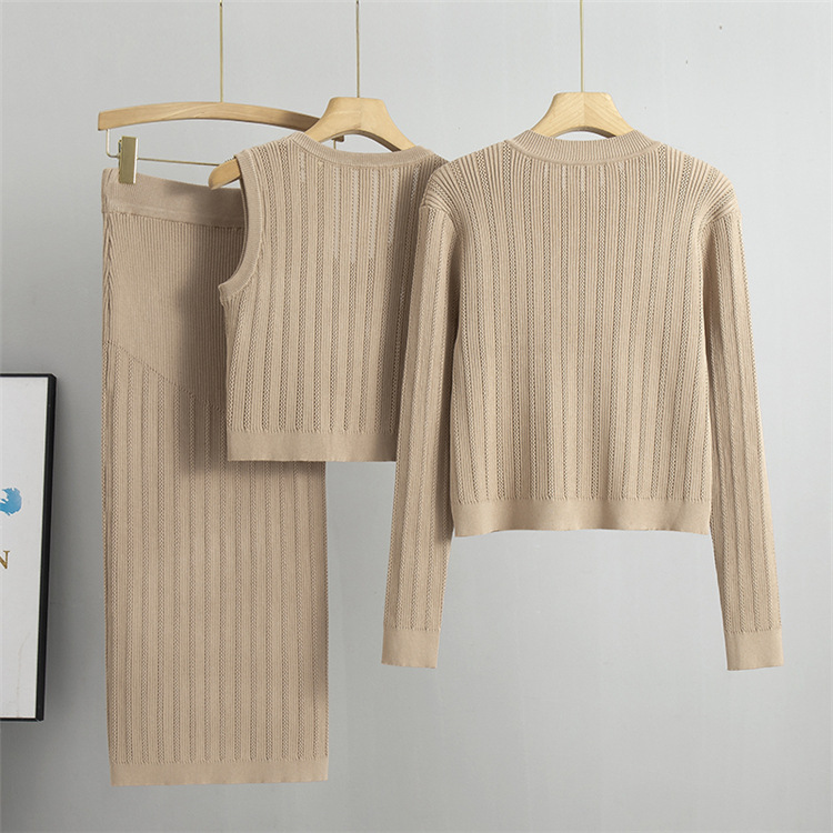 Dameskleding Gebreid Pak Voor Vrouwen Lente Nieuwe Stijl Cardigan Trui + Vest + Gebreide Rok Driedelig Pak_voghion.com