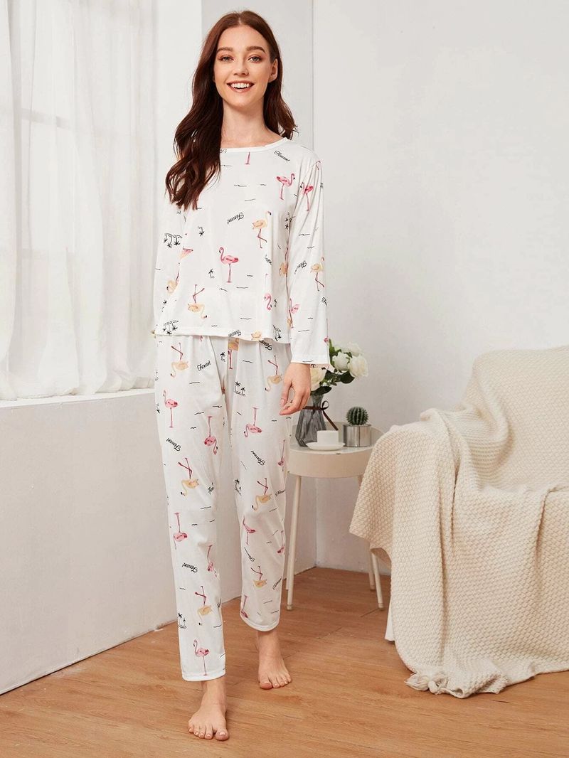 Lässiges und bequemes Pyjama-Set für Frühling und Herbst, bedruckte Langarmhose für Damen, zweiteiliges Set_voghion.com