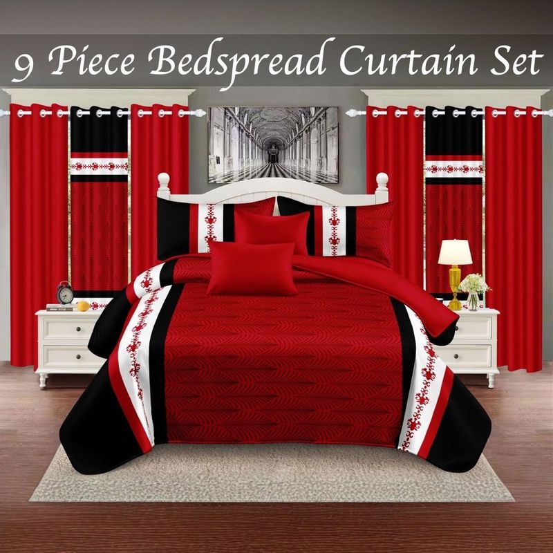 9 Piece Soft All-Season Washed Microfiber Cover Set , Queen/King/Calking Bedding Set With Pillowcases,Bedspread Print Curtains & Solid Curtains,Print, Moisture-Wicking, Soft ,Cooling, Easy Care_voghion.com