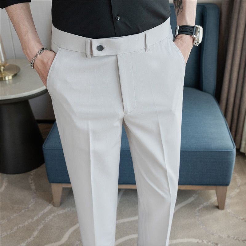Summer new men's casual trousers, thin comfortable small straight nine-point trousers, elastic and drape on all sides, white trousers_voghion.com