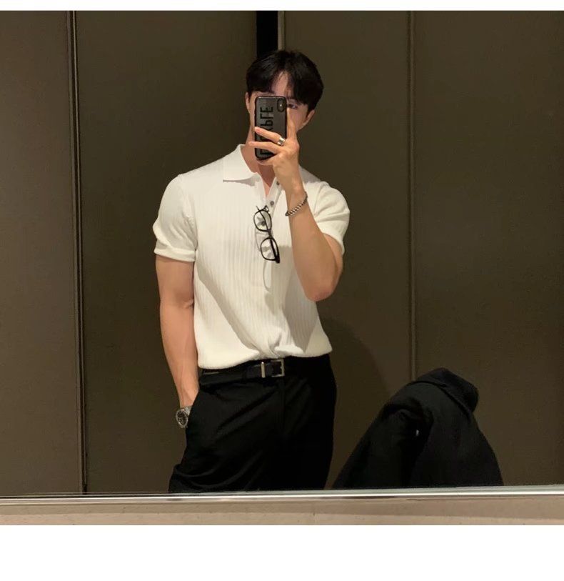 Roupas masculinas de verão, nova versão de camisa polo masculina slim de seda gelada, manga curta, camiseta masculina listrada de malha com lapela, leve e luxuosa britânica_voghion.com