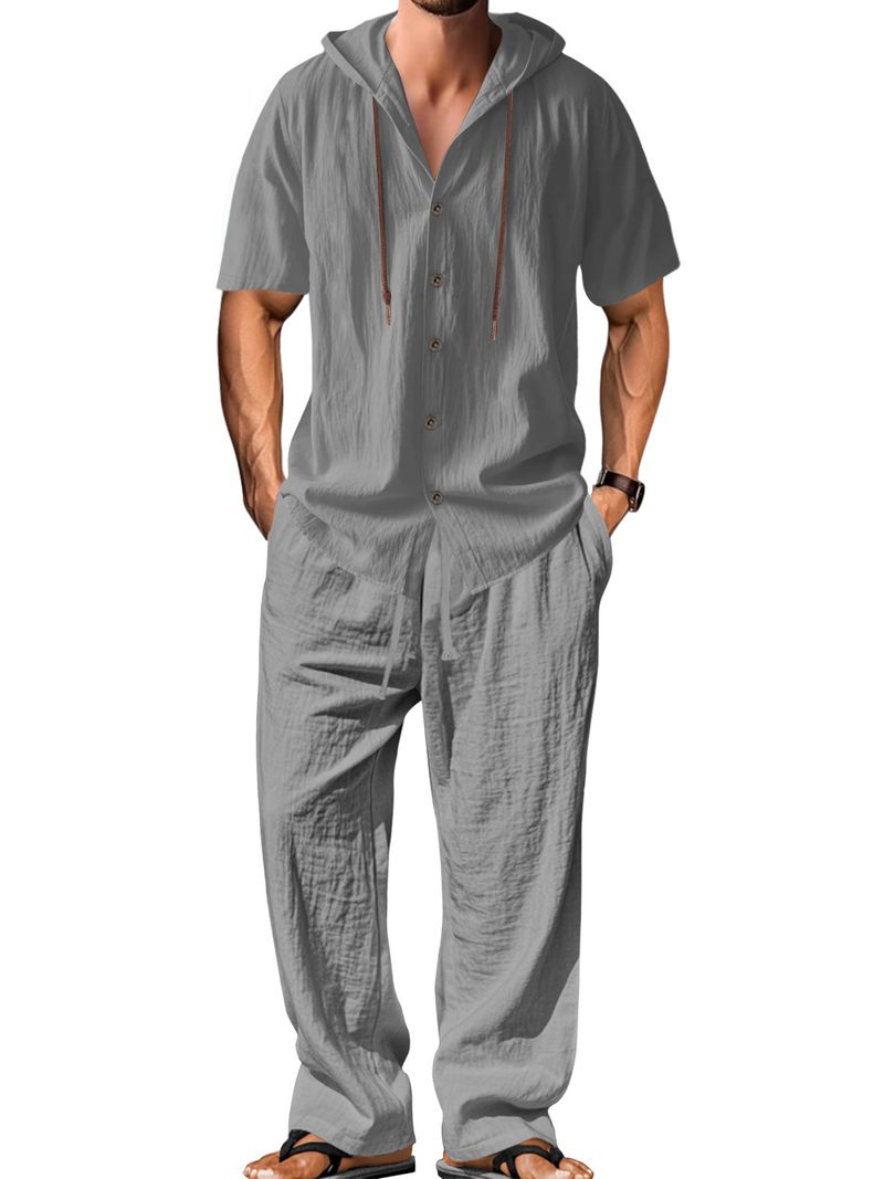 25 Set di pantaloni lunghi larghi con cappuccio e maniche in cotone e lino, casual e sportivo da uomo_voghion.com