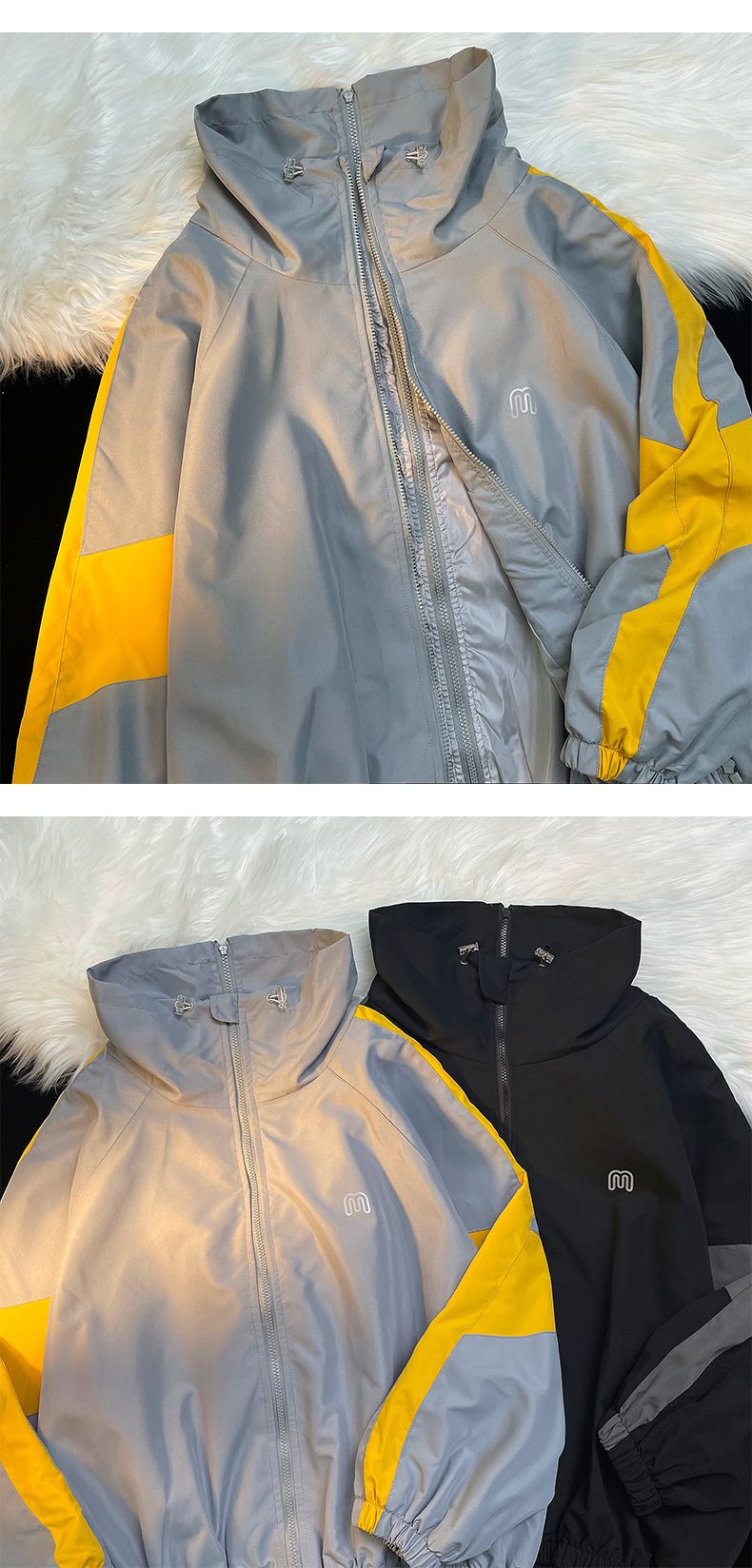 American Retro Workwear Jacket - Unisex Loose-Fit Spring/Autumn Color-Block Stand Collar Couple's Windbreaker_voghion.com