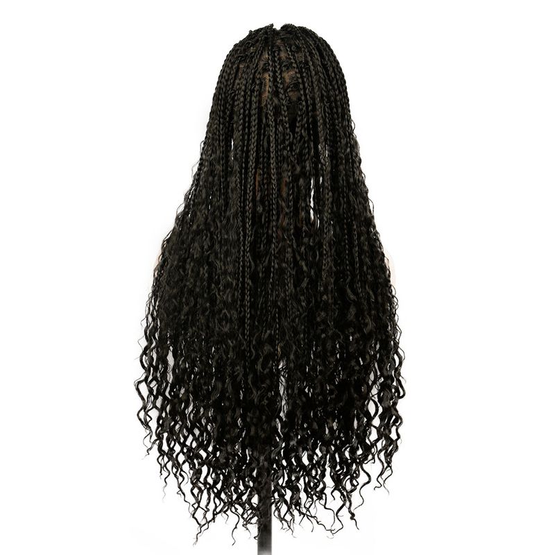 Haarverlängerungen Perücken Dreisträngige Zopf-Konkubinenperücke Weibliche Vollspitze Zopf-Kopfbedeckung Chemiefaser Häkeln Schwarz Dirty Braid Set_voghion.com