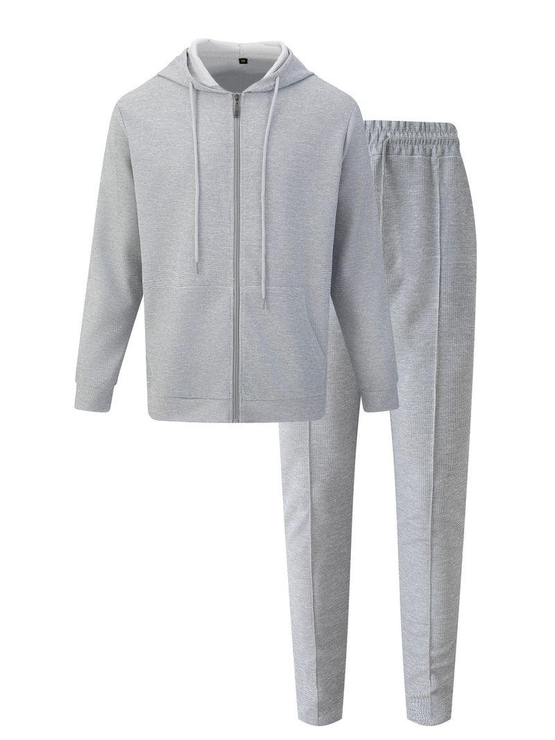 Herenkleding Wafelgebreide hoodie en joggingset - Fleece trainingspak met rits voor de winter, casual loungewear (zwart/grijs/kaki) - S-XXXL_voghion.com
