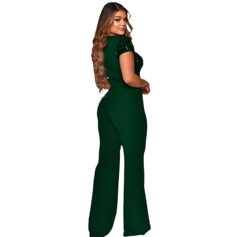 Women's Clothing Sequin Stitching Wide Leg Pants Short Sleeved Jumpsuit_voghion.com
