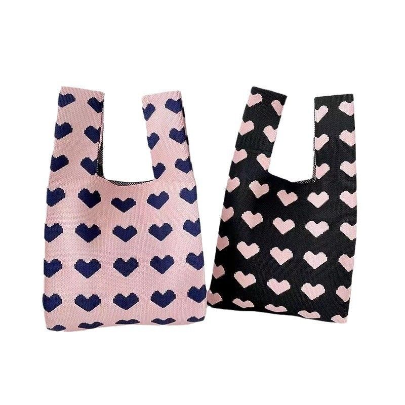 Large Capacity small bag women's love knitted portable tote bag out portable storage bag Korean style solid color shoulder bag_voghion.com