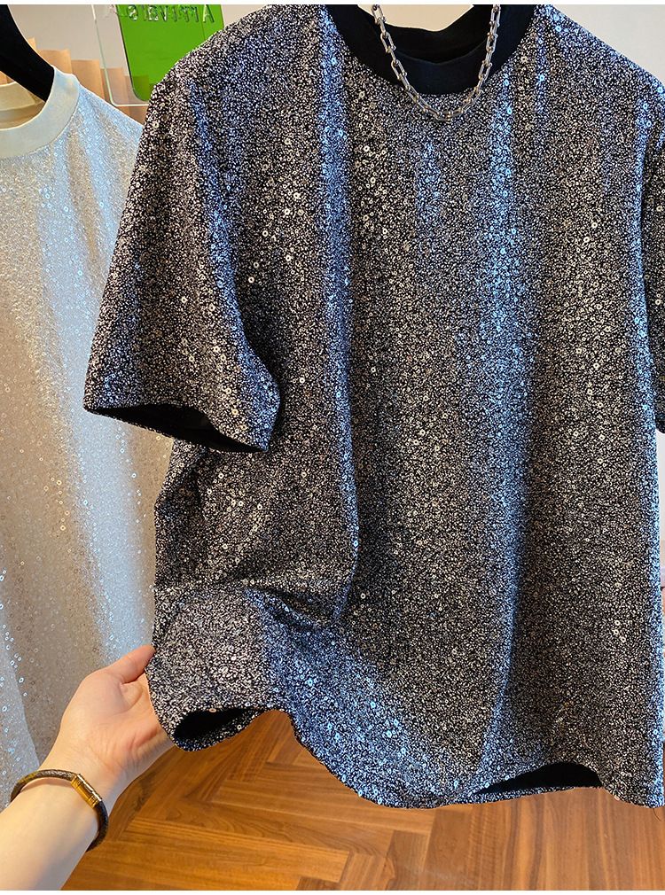 2024 New Loose European Style Sequin Shiny Silk T-Shirt Men's Short Sleeve Unique Chic Design Handsome Top_voghion.com