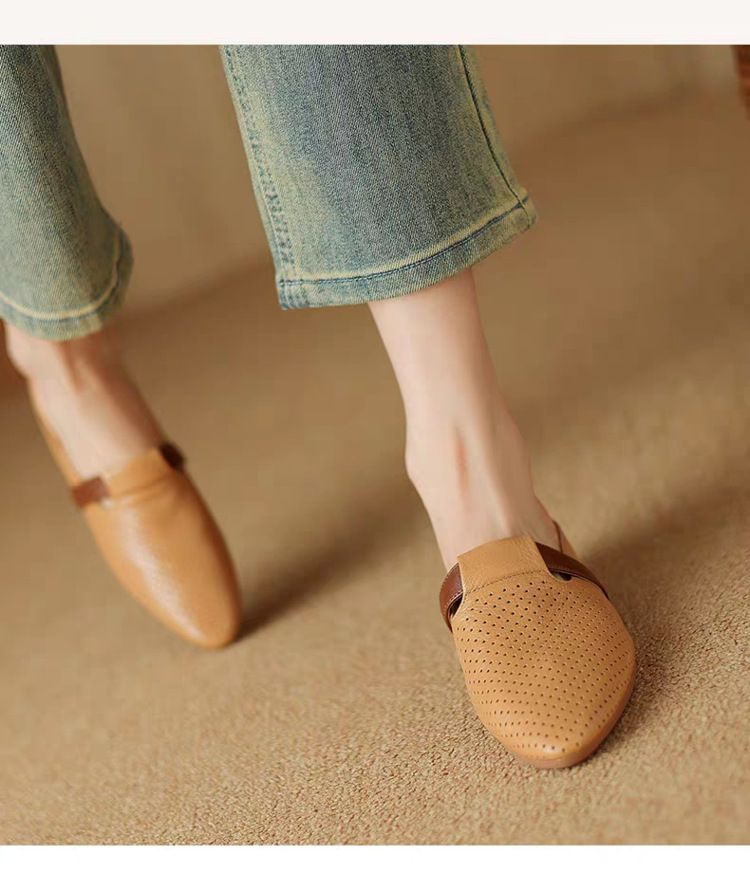 Französische atmungsaktive Hohltaschen-Halbpantoffeln für Damen, weiches Leder, runde Sandalen, faule Muller-Schuhe mit niedrigem Absatz_voghion.com