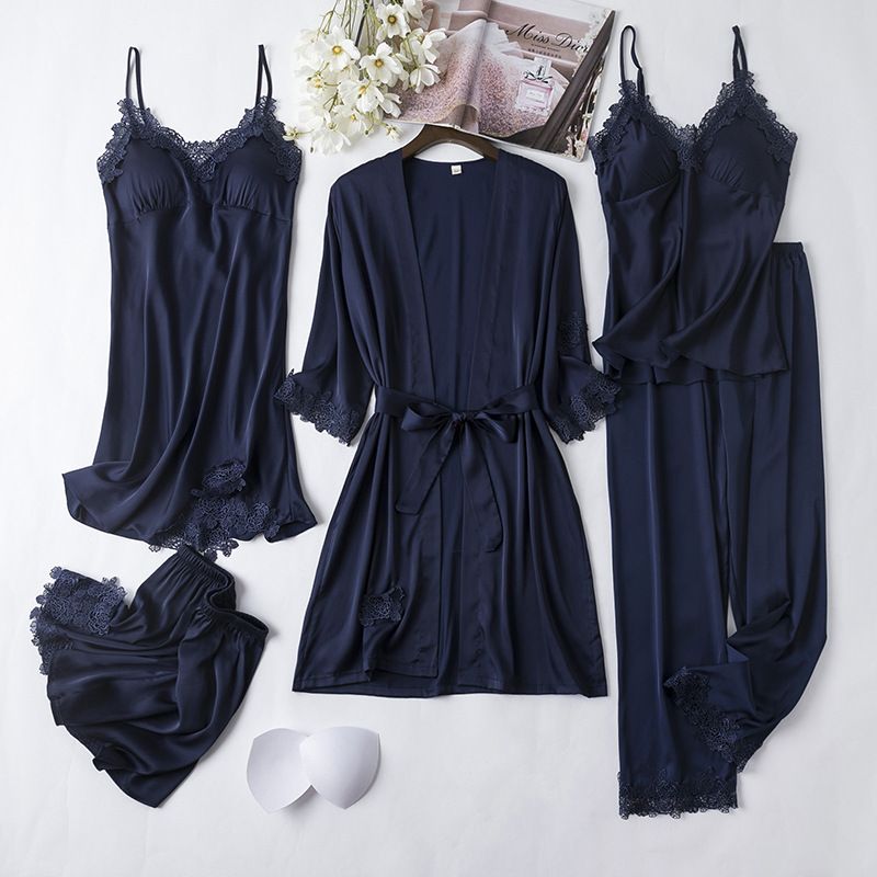 Underwear Pajamas Women Summer Ice Silk Sexy Suspenders Nightdress With Chest Pads Simulation Silk Satin Nightgown Five Piece Suit Home Clothes_voghion.com