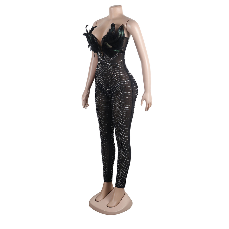 sexy feather hot rhinestones slim fit hip covering sleeveless jumpsuit_voghion.com