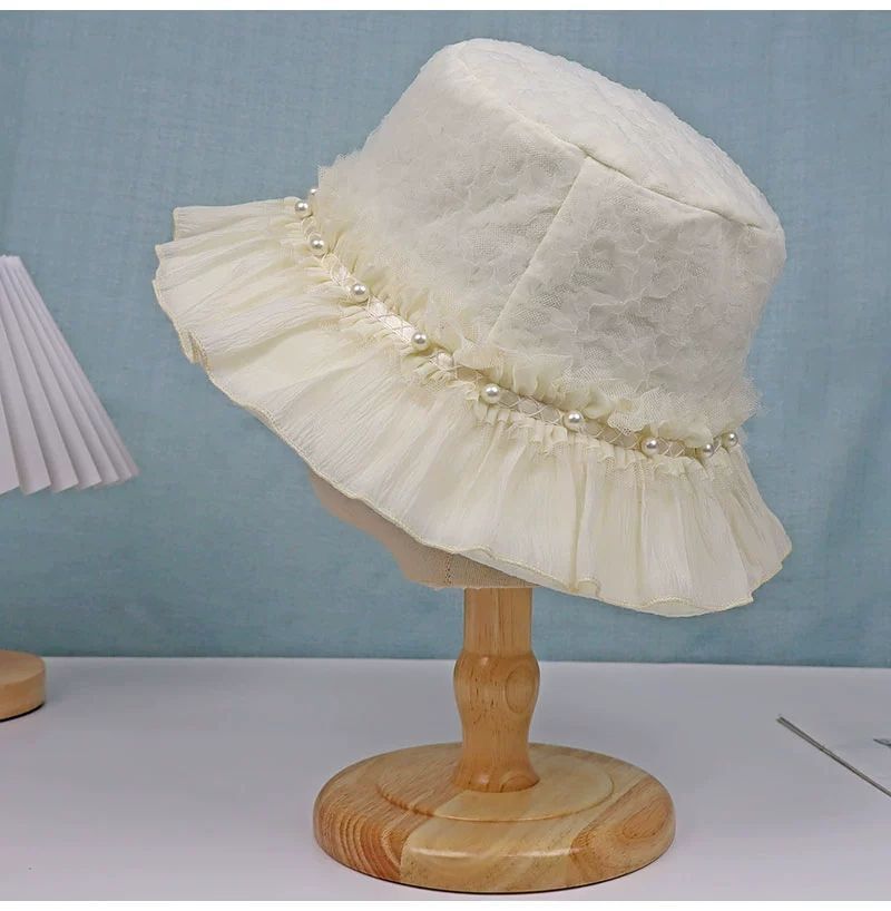 Pearl Mesh Pleated Fungus Edge Hat Women's Wide-brimmed Bucket Hat Outing Basin Hat Summer Breathable Sun Hat_voghion.com