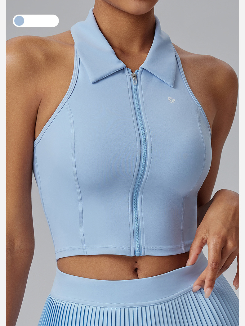 Colete de ioga integrado com zíper frontal para mulheres, sutiã esportivo de alta resistência, à prova de choque, para corrida, com franzimento e anti-flacidez_voghion.com