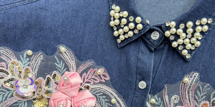Women's Clothing Heavy Diamond Embroidery Flower Loose Denim Shirt Top Denim Shorts Two Piece Summer_voghion.com