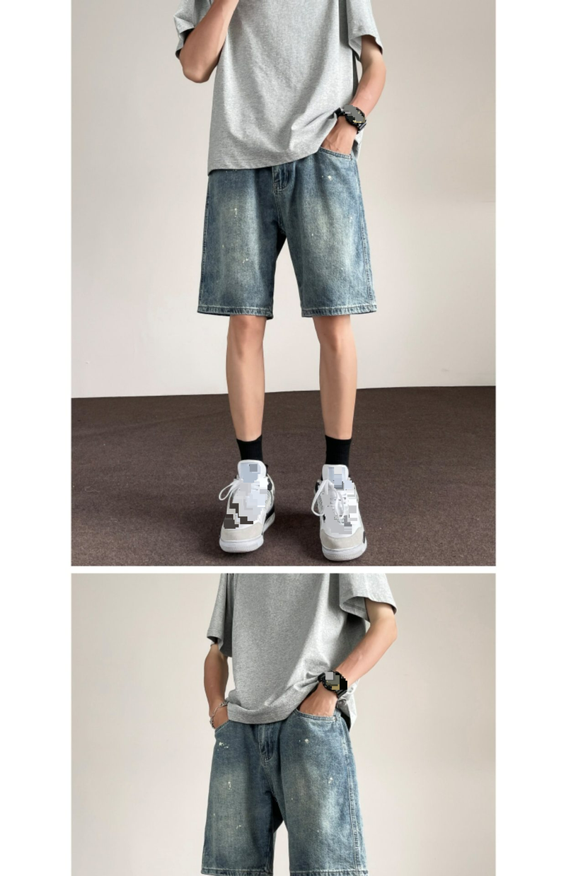 Ink Splashed Denim Shorts Men's Retro Street Loose Straight Shorts High Street Trend Solid Color Versatile Casual Shorts_voghion.com