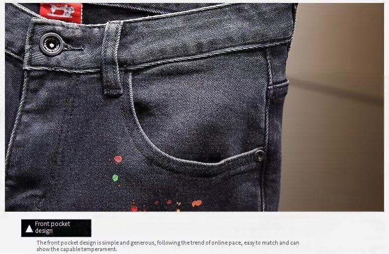 Roupas masculinas, jeans preto e cinza com pintura riscada, calça slim com buracos e respingos de tinta_voghion.com