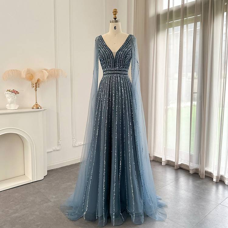 Women's Clothing Luxury Floor-Length Evening Gown With Flowing Sleeves – Slimming V-Neck, Waist-Cinching Design (Champagne/Pink/Blue/Green)_voghion.com
