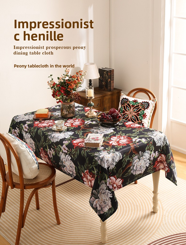 Vintage Oil Painting Tablecloth – Non-Slip Rectangular & Round Table Cover With Lace Trim / Green Tassels – Washable Polyester Fabric_voghion.com