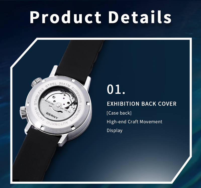 BERNY Automatic Dive Watch For Men Sport Casual 20ATM Waterproof Mechanical Watch With Day Date Super Luminous Silicone Strap Sapphire Wristwatch_voghion.com