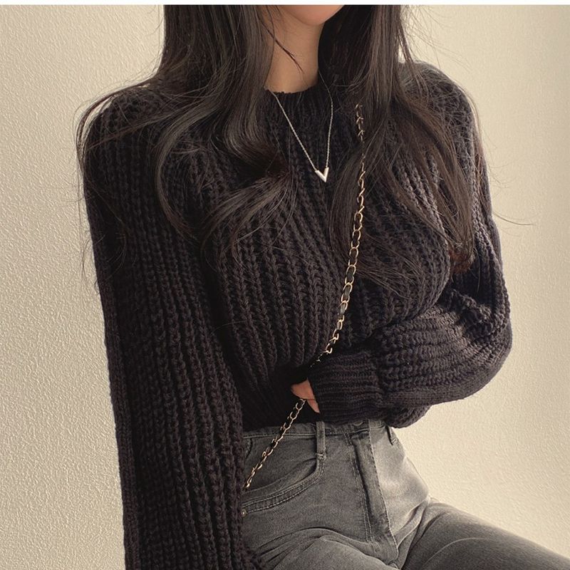 Koreaanse stijl Ins Fashion Dames Cropped Trui Casual Losse Pasvorm Ronde Hals Trui Gebreide Top_voghion.com