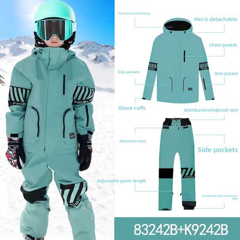 Phibee Elephant Children's Ski Set Boys Girls Workwear Windproof Waterproof Snow Suit For Single And Double Board_voghion.com