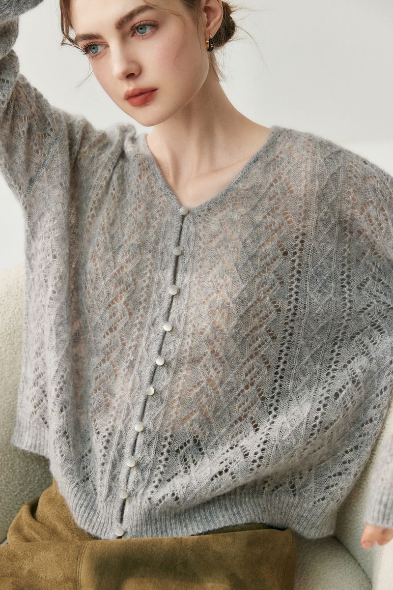 Sexy Knitted Cardigan For Women, Lightweight Cashmere Cardigan, Hollow Out Slightly Sheer Silk Velvet, Lazy Plus Size_voghion.com