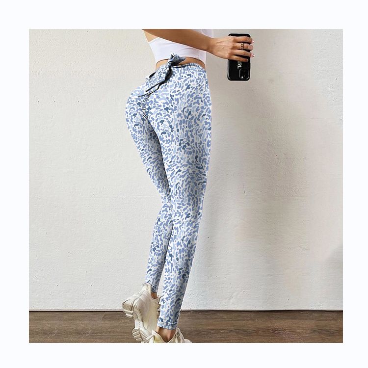 Pantaloni da yoga da yoga da donna con stampa multicolore antirughe sull'anca, dimagranti a vita alta, con fiocco elasticizzato_voghion.com