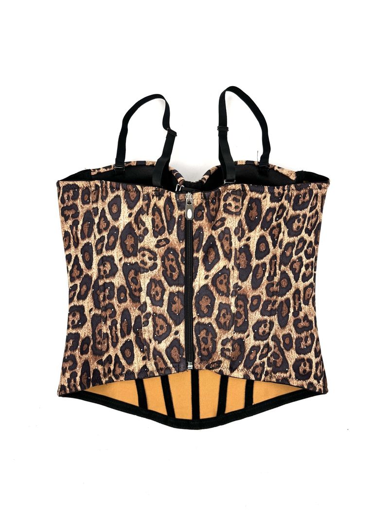 Women's Clothing Golden Brown Leopard Suede Short Vest Camisole Inner Wear Can Be Worn Outside Elastic Gathered Fishbone Body Shaping Bra_voghion.com