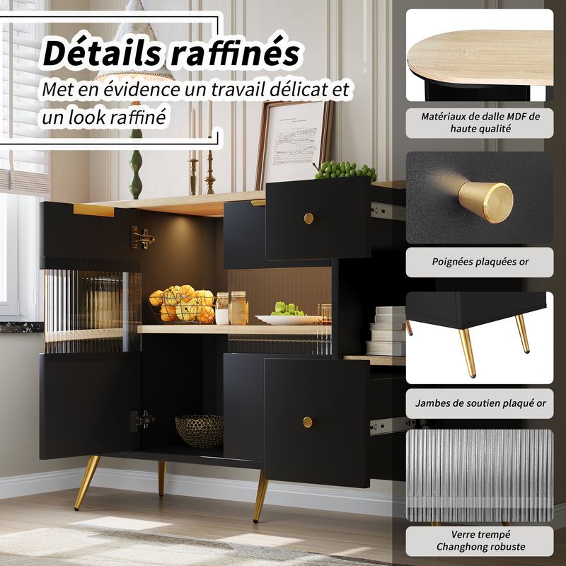 Sideboard Schwarz Mit Glasschiebetüren, LED-Leuchten, Holzanrichte_voghion.com