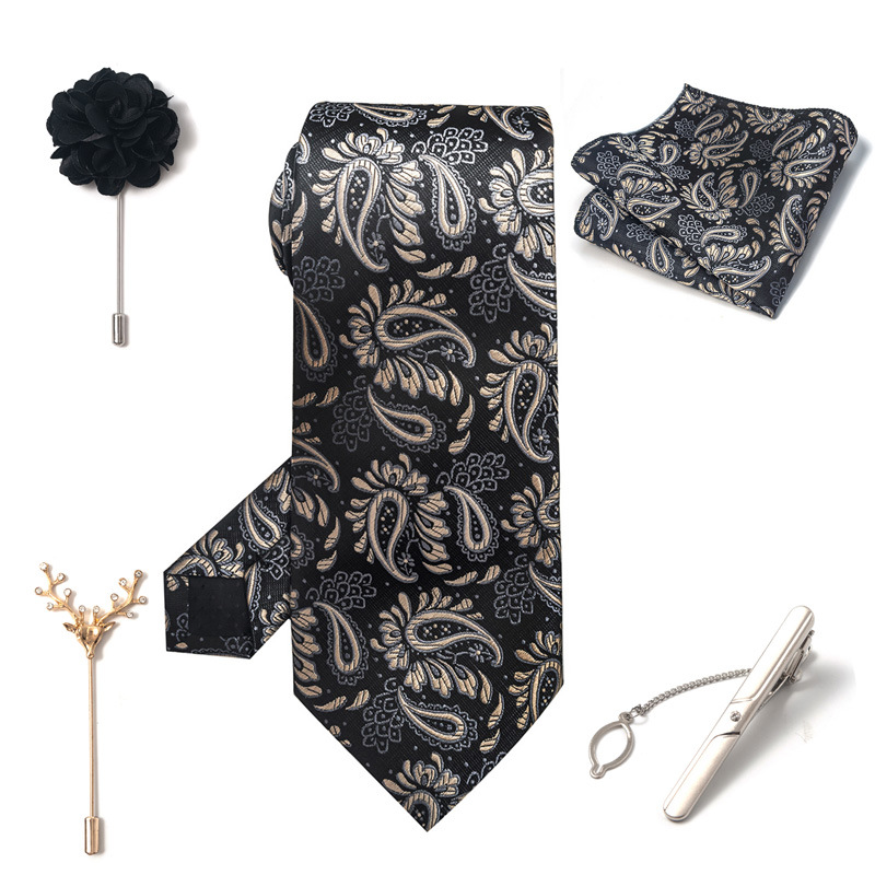 Set da uomo alla moda in tinta unita a righe con anacardi, confezione regalo da 6 pezzi, set con corsetto con fermacravatta e sciarpa quadrata_voghion.com