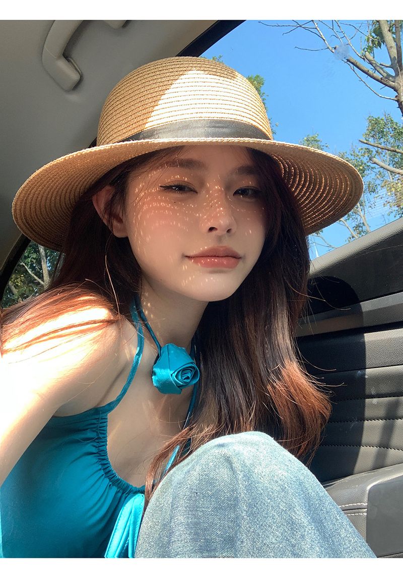 Slaměný klobouk dámský letní slunečník přímořský slunečník letní klobouk s velkou krempou UV opalovací krém klobouk příliv a odliv_voghion.com