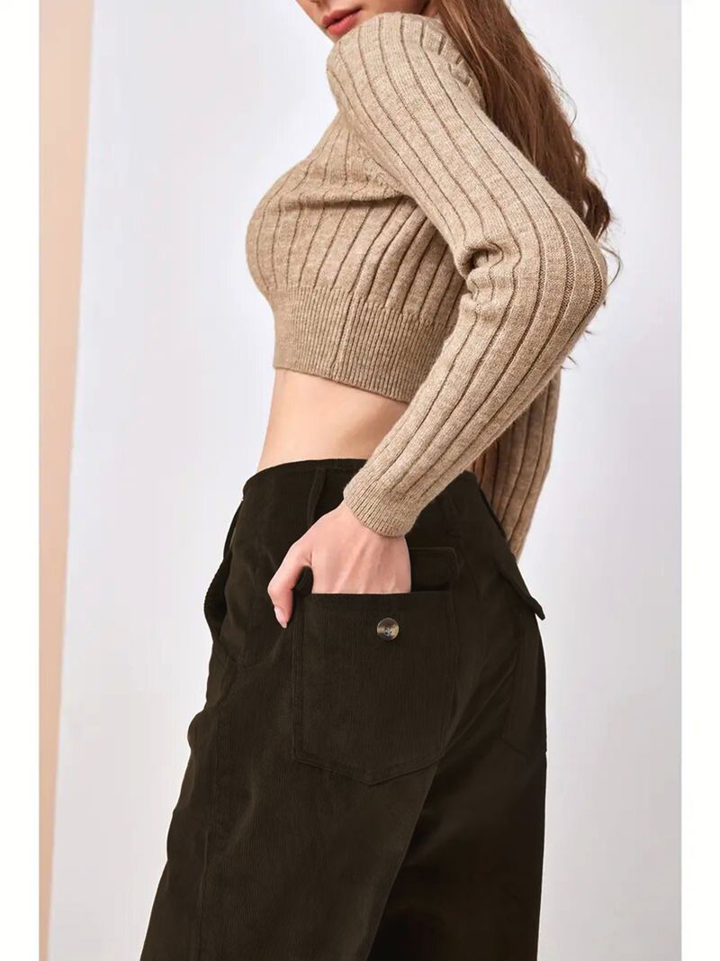 Women's High-waisted Straight Leg Pants - Stretch Corduroy Trousers For Casual & Office Wear, Slim Fit With Flowy Drape (Black, Yellow, Coffee, Blue)_voghion.com