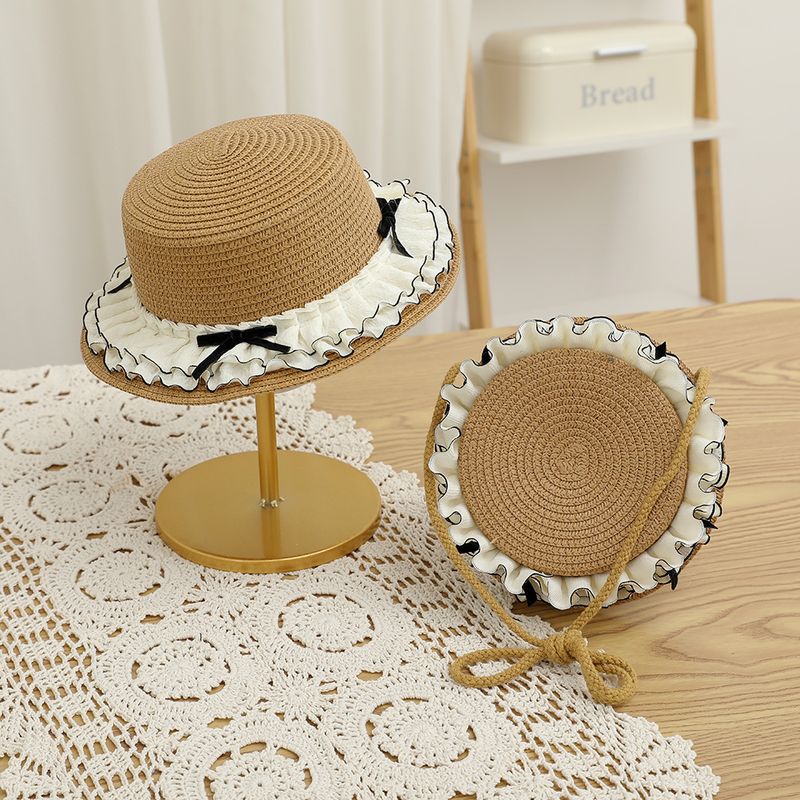 Borsa carina per bambini estivi nuovi set di due pezzi parasole cappello di paglia a sommità piatta per ragazza da sole_voghion.com
