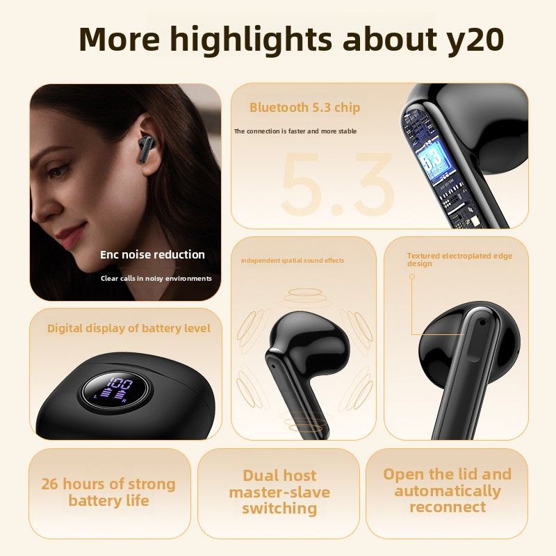 New Y20 Dual Mark ENC Noise Cancelling Bluetooth Earbuds Private Model Semi-In-Ear With LED Battery Display TWS Durability Upgrade_voghion.com