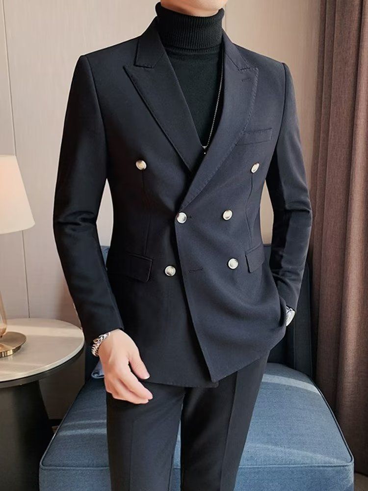 Dubbelrijs Casual Pak Jas Voor Heren Blazers Lente Herfst High-end Brits Zakelijk Trendy Afslankend Glad Silhouet_voghion.com