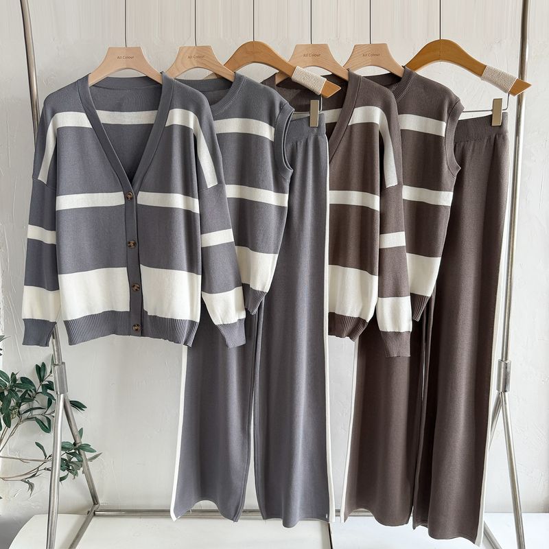 Women's Wide Leg Jogger Pants Set With Striped Design - 3-Piece Casual Outfit Stylish & Comfortable Knit Lounge Wear For Work & Daily Life_voghion.com