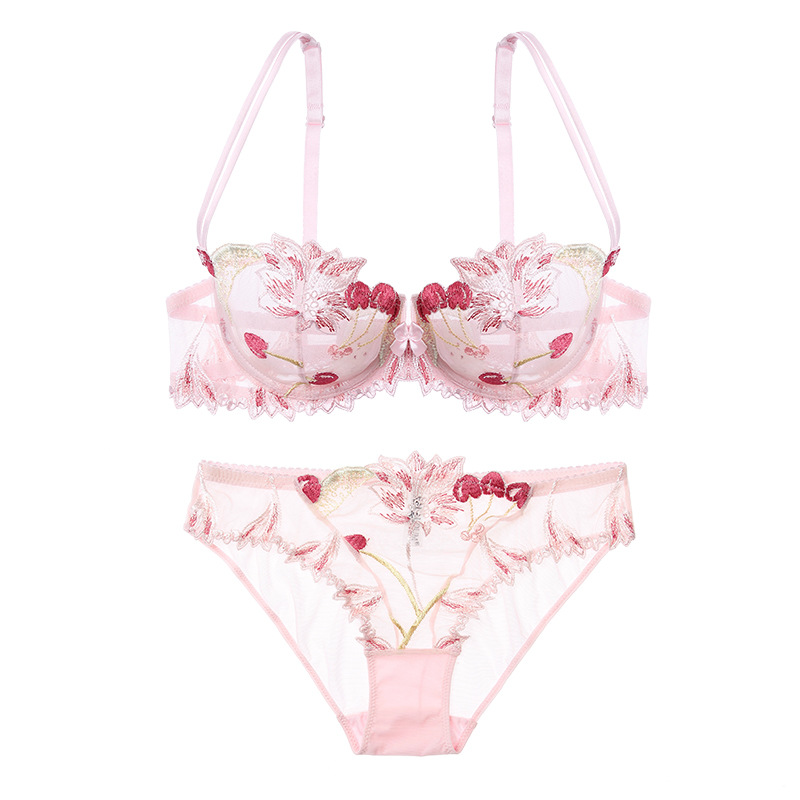 Sexy Ultra-thin Lingerie For Women Gathering Lace Bra Transparent Mesh Embroidery Bra Set_voghion.com