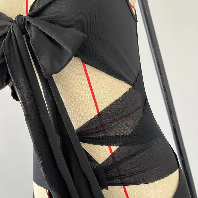 Moda femminile Pannelli in rete trasparente Ritagli Fessure per cravatte Abiti senza maniche irregolari_voghion.com