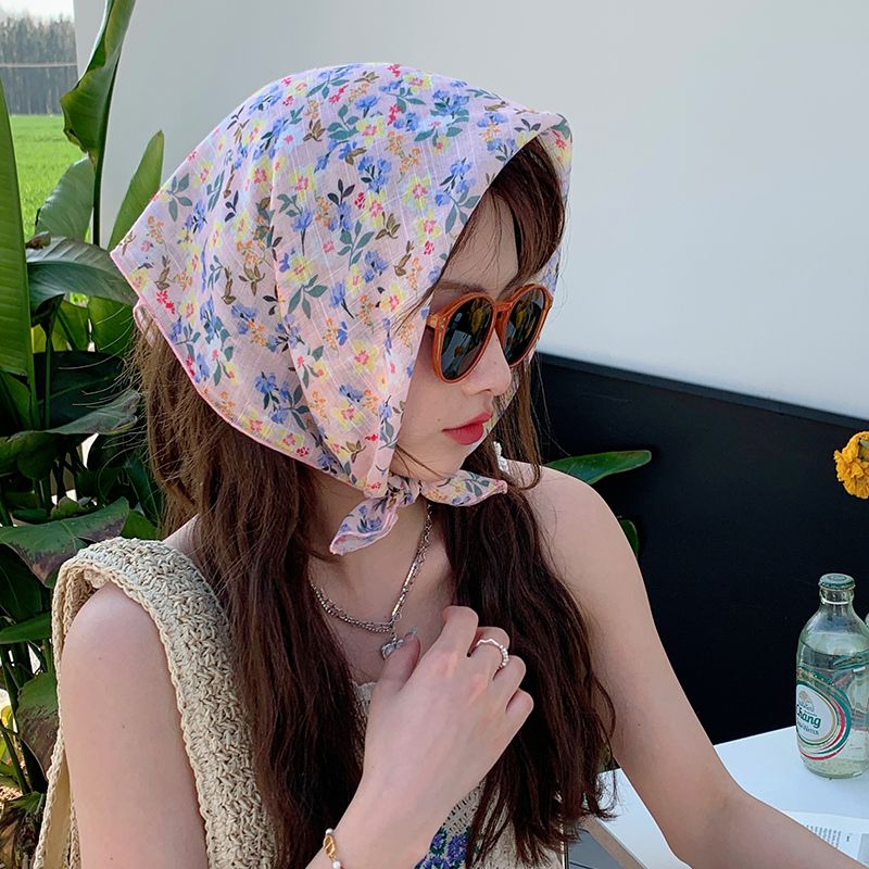 New Spring/Summer Sunscreen Small Square Printed Cotton and Linen Women's Versatile Headband Autumn Fashion Decorative_voghion.com