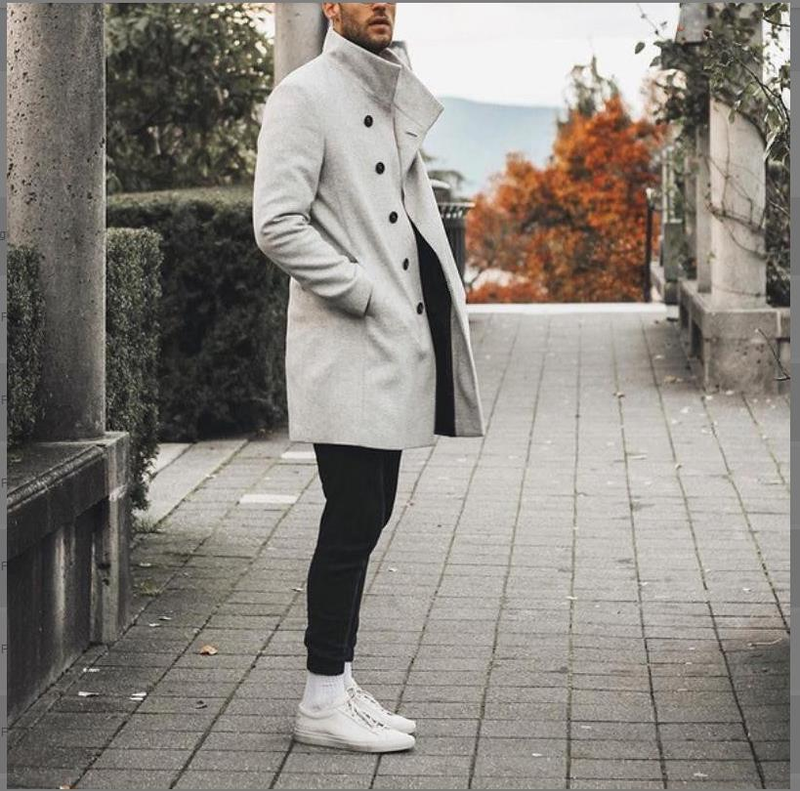 Spring New Men's Retro Standing Neck Mid length Woolen Coat Men's Casual Coat_voghion.com