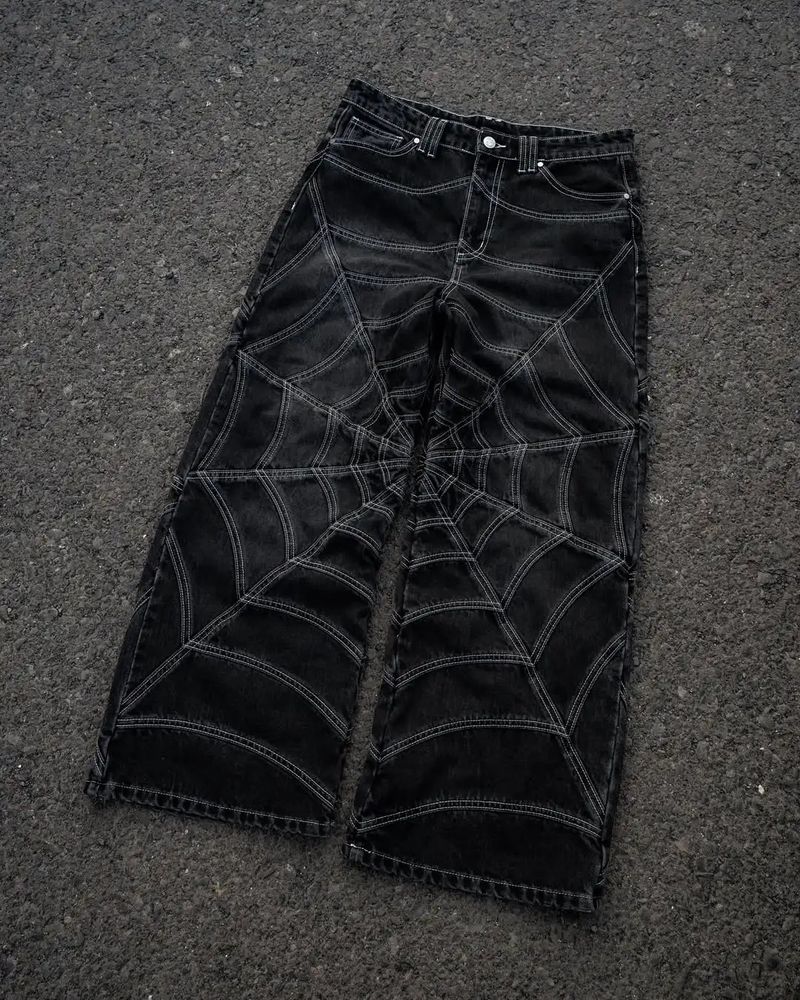 2025d Elix New Hip-Hop Spider Web Jeans à rayures, pantalon large délavé taille haute pour homme_voghion.com