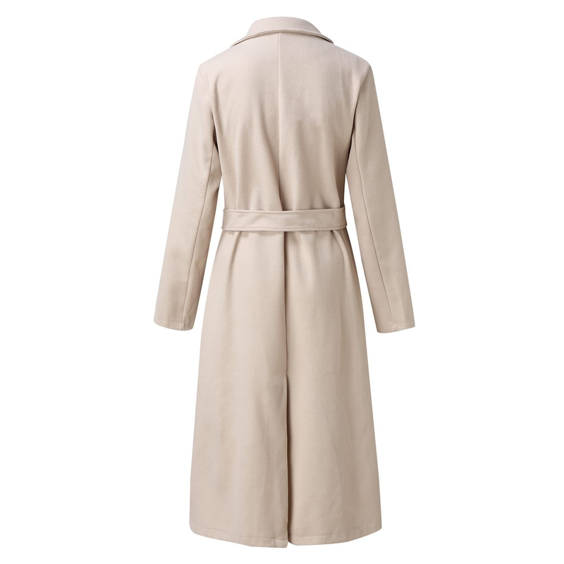 Autumn and winter women's solid color lapel long-sleeved woolen jacket simple strappy windbreaker_voghion.com