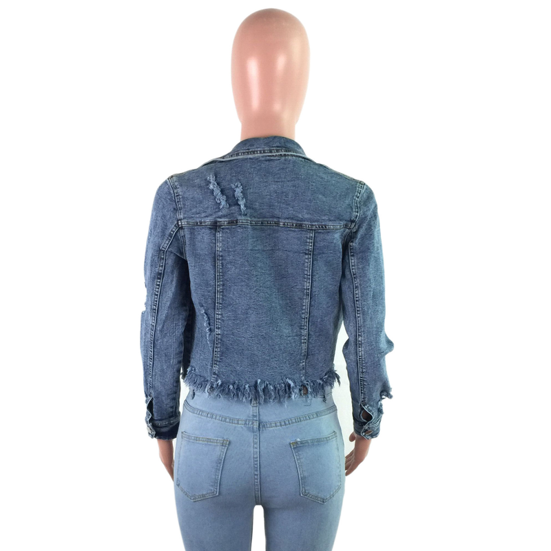Damenmode-Persönlichkeit, zerrissene Fransen, kurze Vintage-Langarmjacke, Jeansjacke_voghion.com