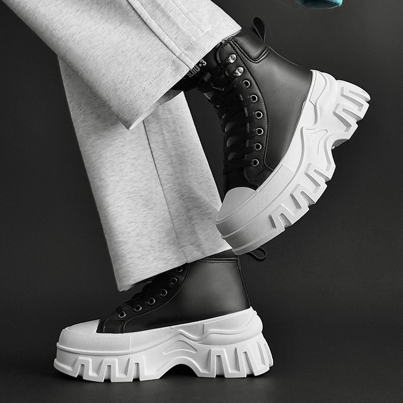 Lässige Herren-Sneaker mit dicker Sohle – High-Top-Unisex-Schuhe aus PU-Leder für den täglichen Gebrauch (Schwarz/Weiß, Größe 37–44)_voghion.com