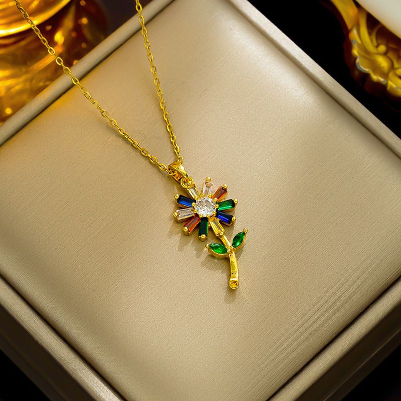 Collier avec pendentif en forme de fleur de tournesol en zircon et diamant pour femme, chaîne minimaliste et unique_voghion.com