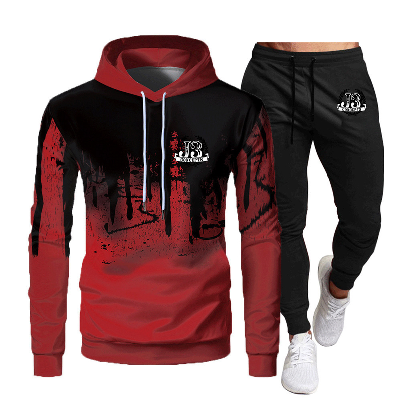 Crazy Muscle Men's Sports Casual Hooded Set Graffiti Print Slim Fit Fashion Simple Om Set_voghion.com