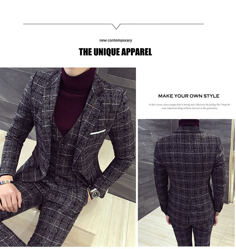 Traje de tres piezas para hombre, estilo coreano, ajustado, informal, británico, moderno, vestido de boda para novio, traje pequeño a cuadros para hombre_voghion.com