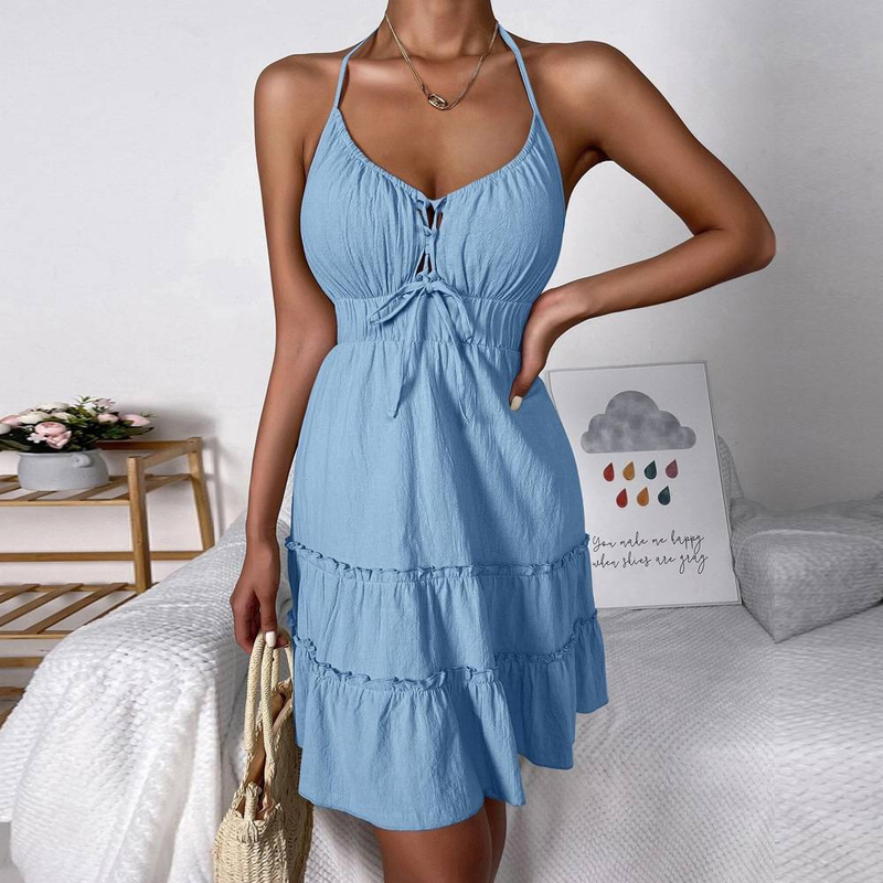 2023 Neues ländliches Minikleid für Damen, sexy, offener Rücken, hängendes Halskleid mit Riemen_voghion.com